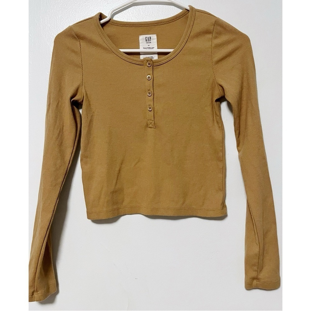 Gap Teen • Tan Brown Henley Crop Long Sleeve Top